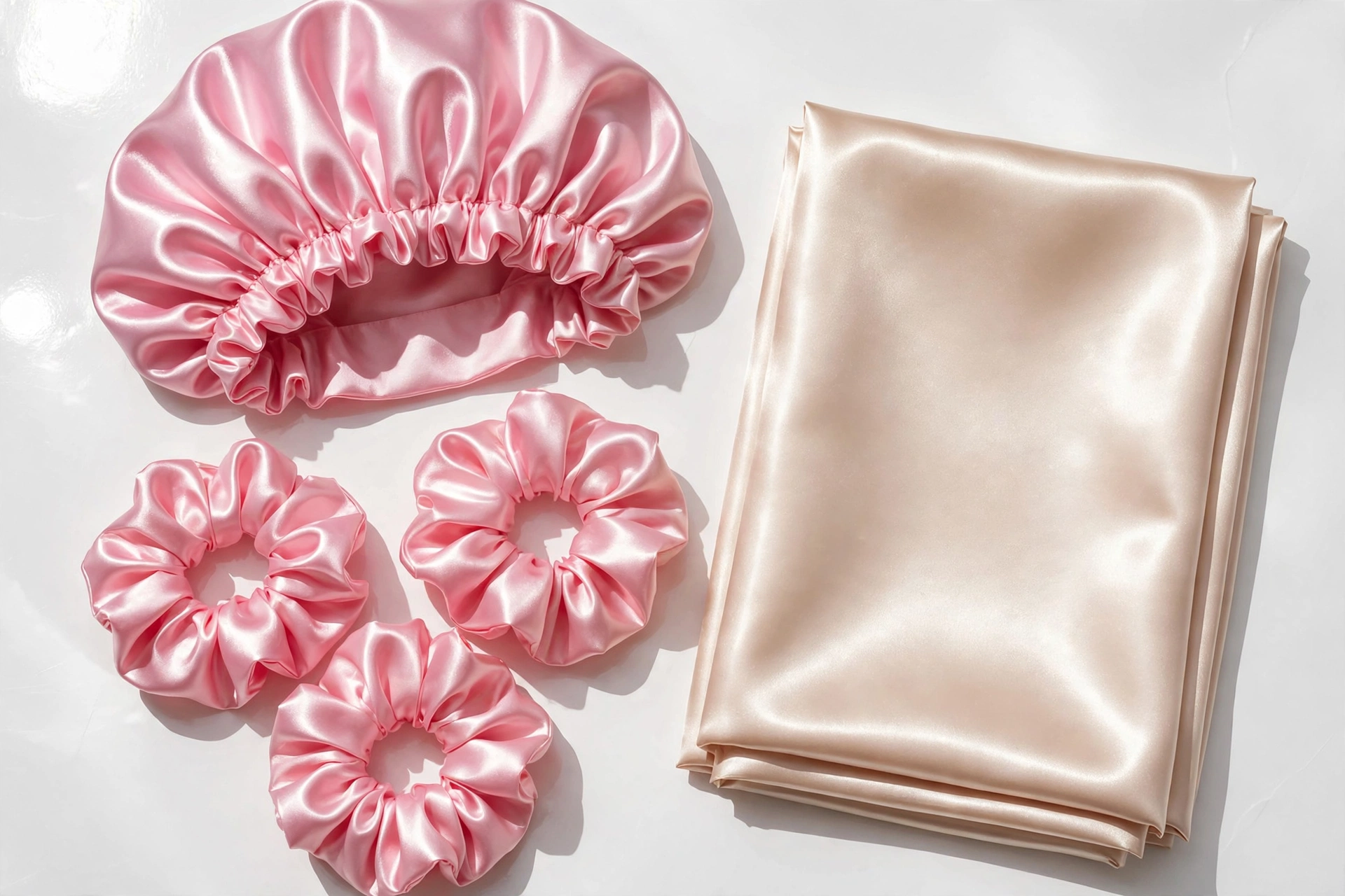 Satin bonnet, scrunchies, and pillowcase in pink tones