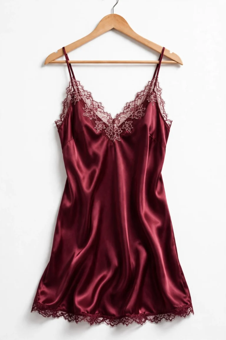Burgundy satin nightgown with lace trim hanging against a bright background