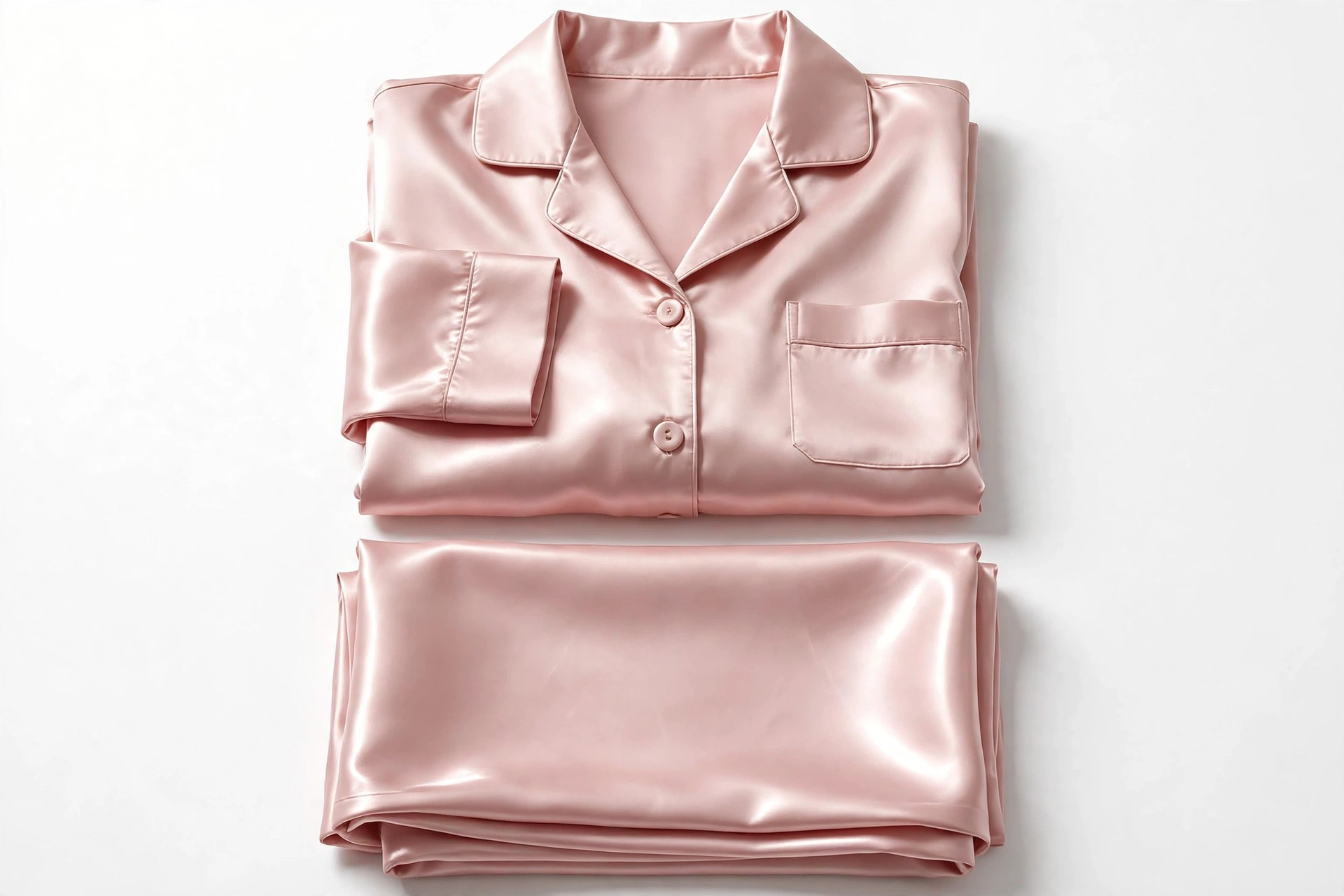 Blush pink satin pajama set folded with glossy sheen