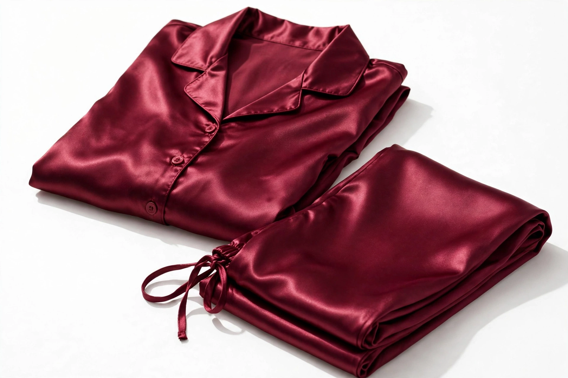 Burgundy satin pajama set with drawstring pants
