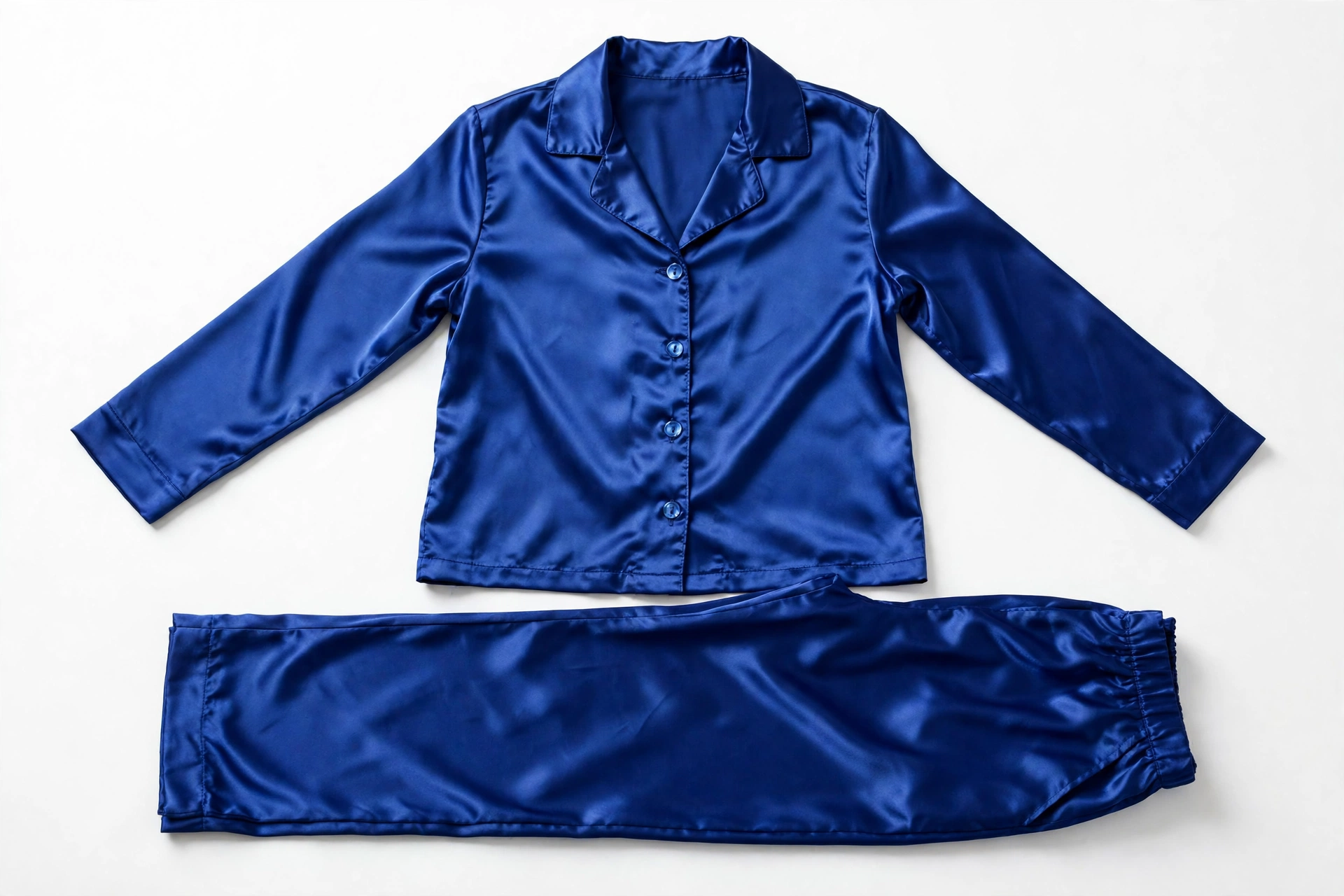 Royal blue satin pajama set with button front top