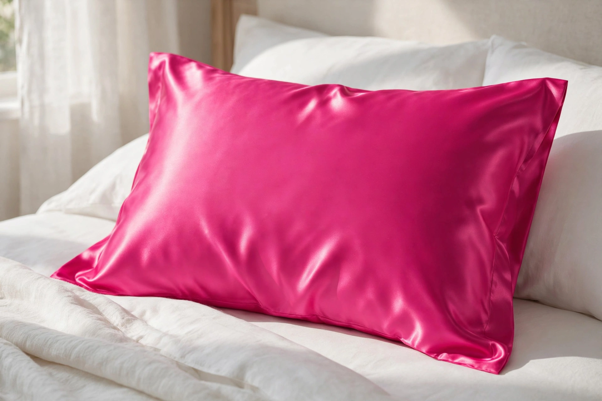 Pink satin pillowcase on a bed for hair and skin benefits
