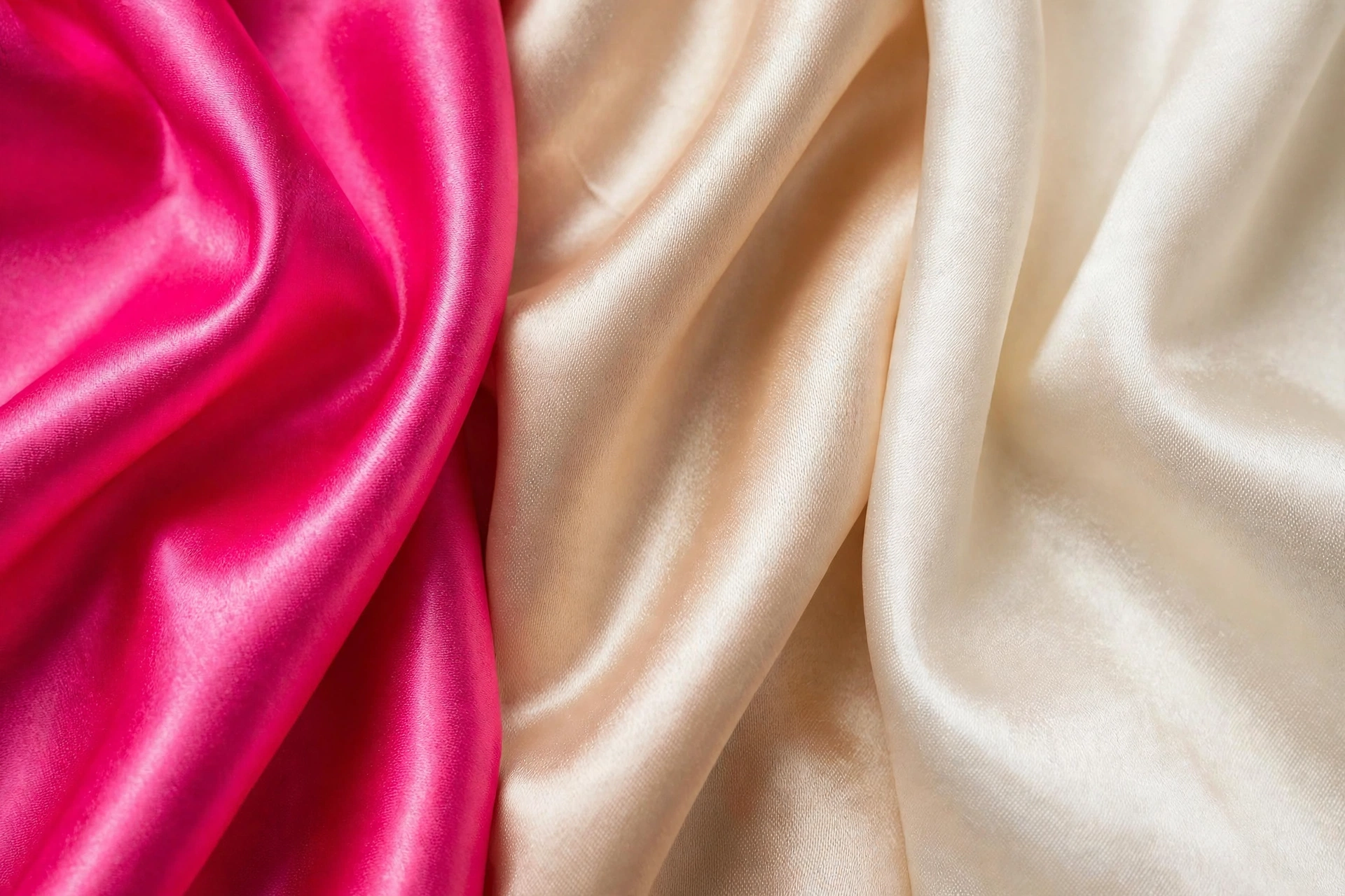 Close-up comparison of satin, sateen, and silk sheet fabrics