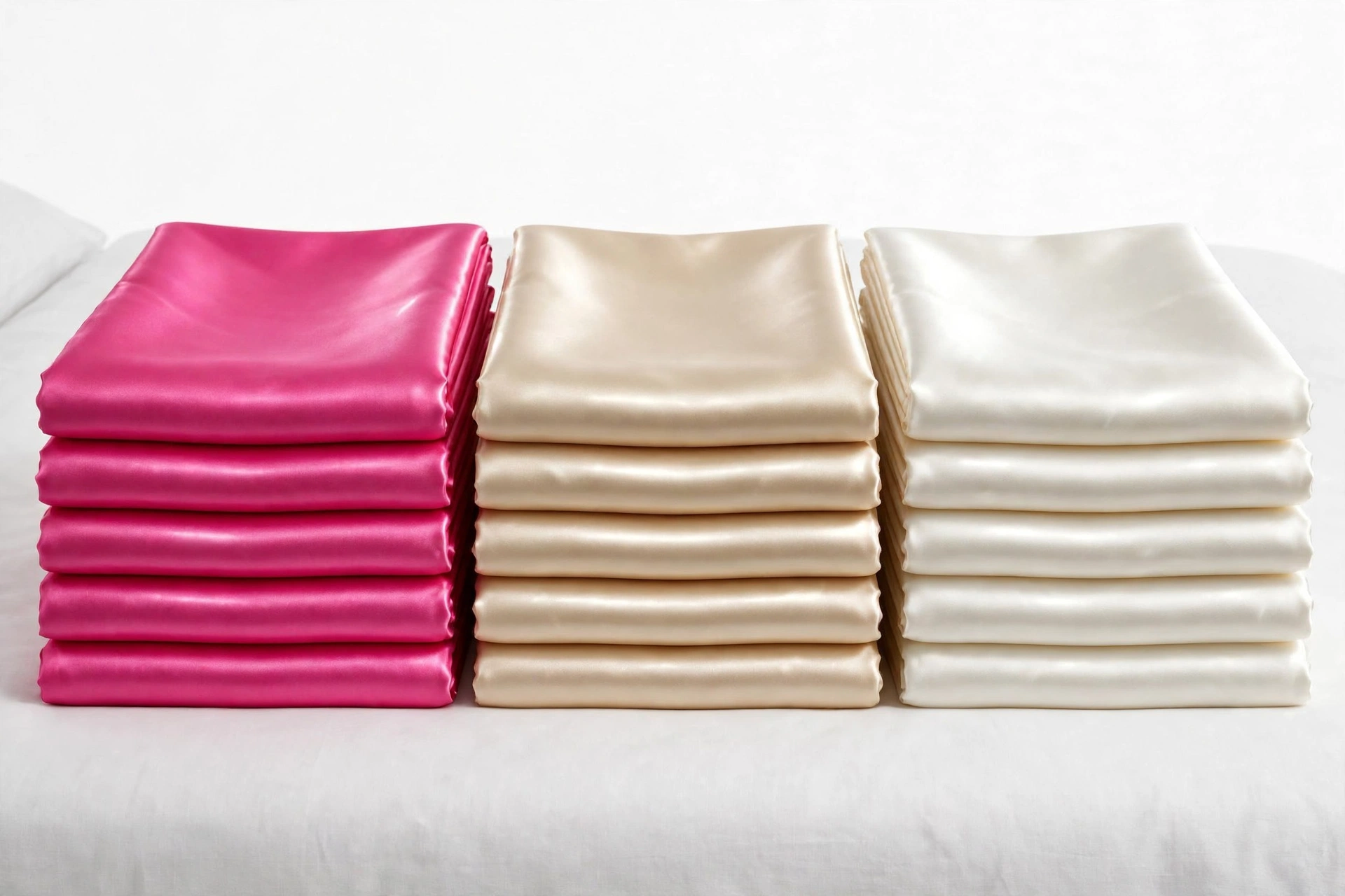 Folded satin sheets in pink, champagne, and ivory