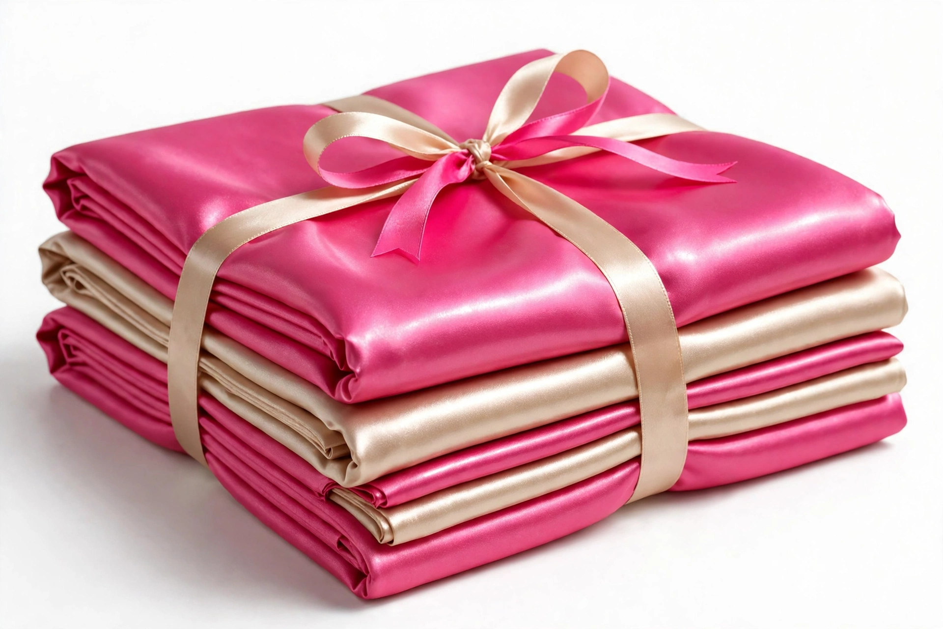 Folded satin sheet set in pink and champagne