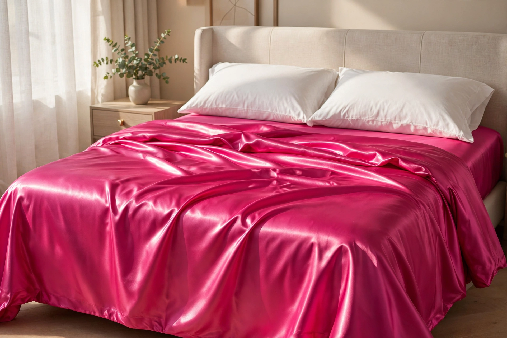 Hot pink satin sheets with glossy shine on a bed