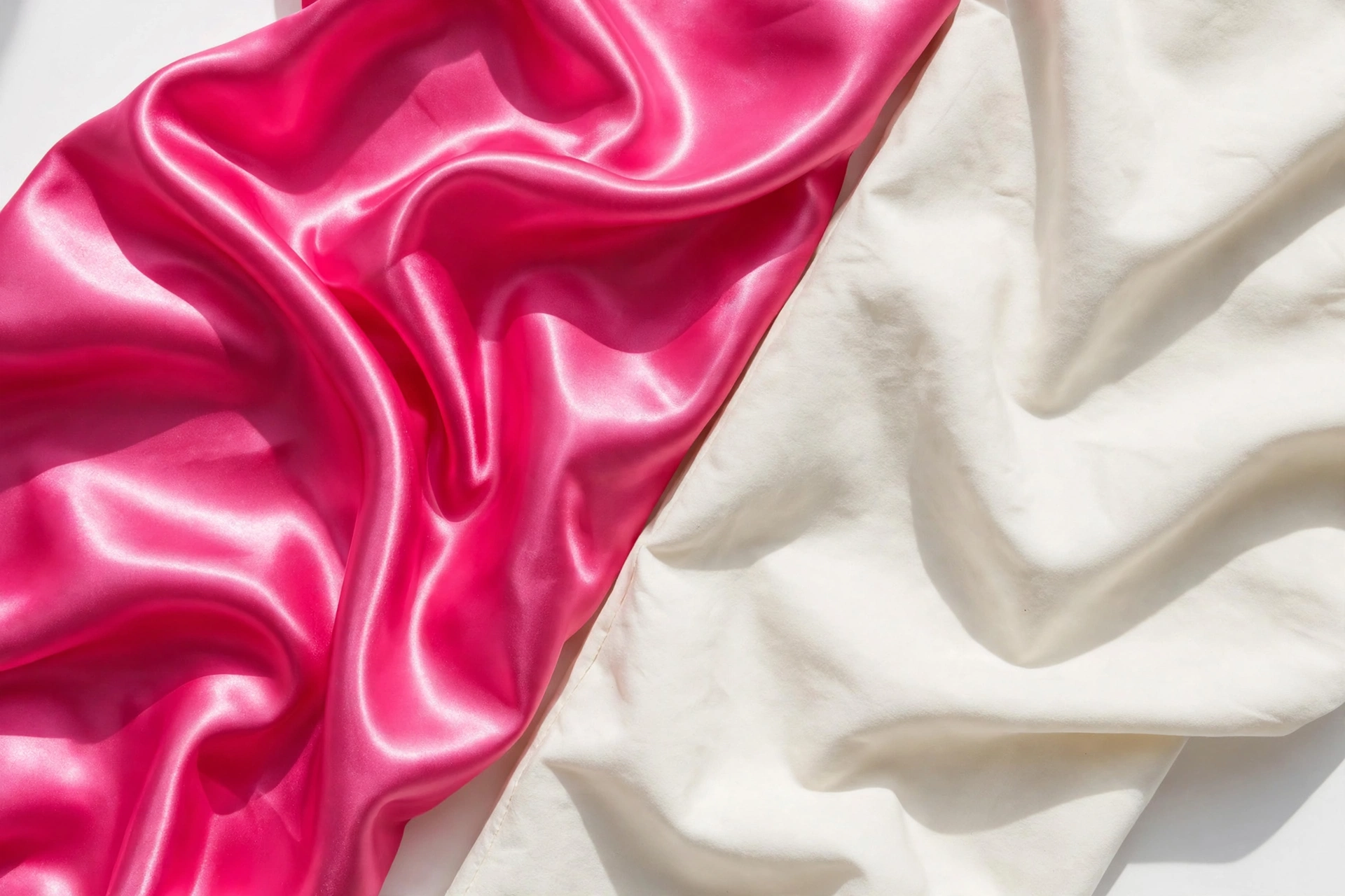Side-by-side flat lay comparing glossy pink satin and matte cotton fabric sheen