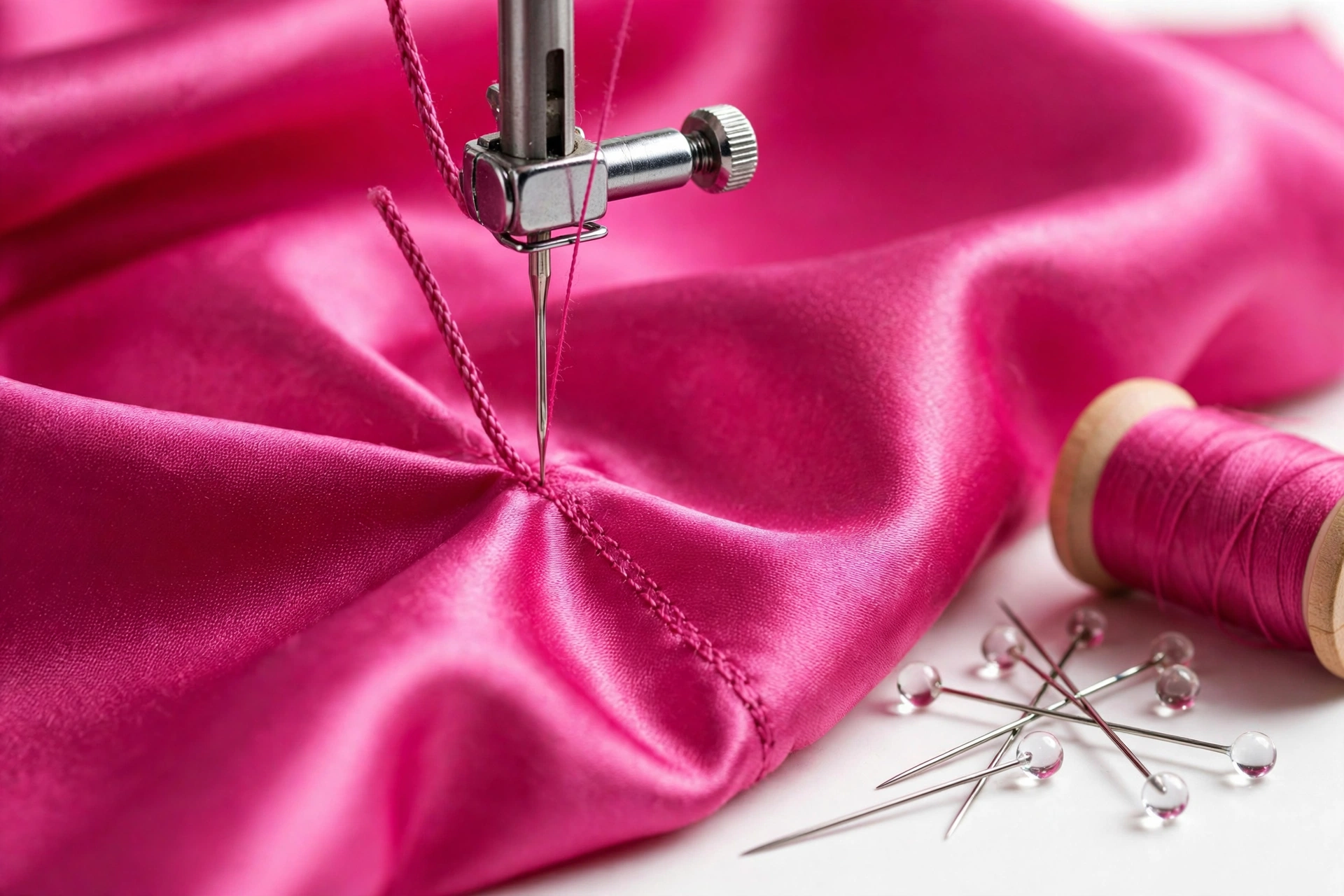 Close-up of sewing fuchsia stretch satin with a needle, pins, and thread