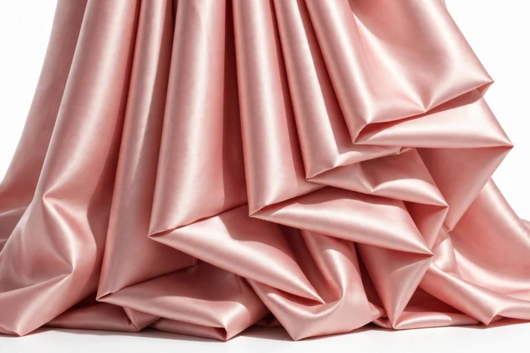 Blush pink slipper satin draped in structured folds with glossy shine