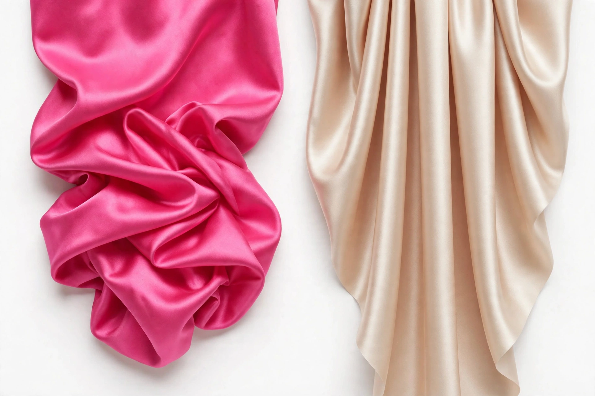 Side by side drape comparison of stretch satin and non-stretch satin swatches