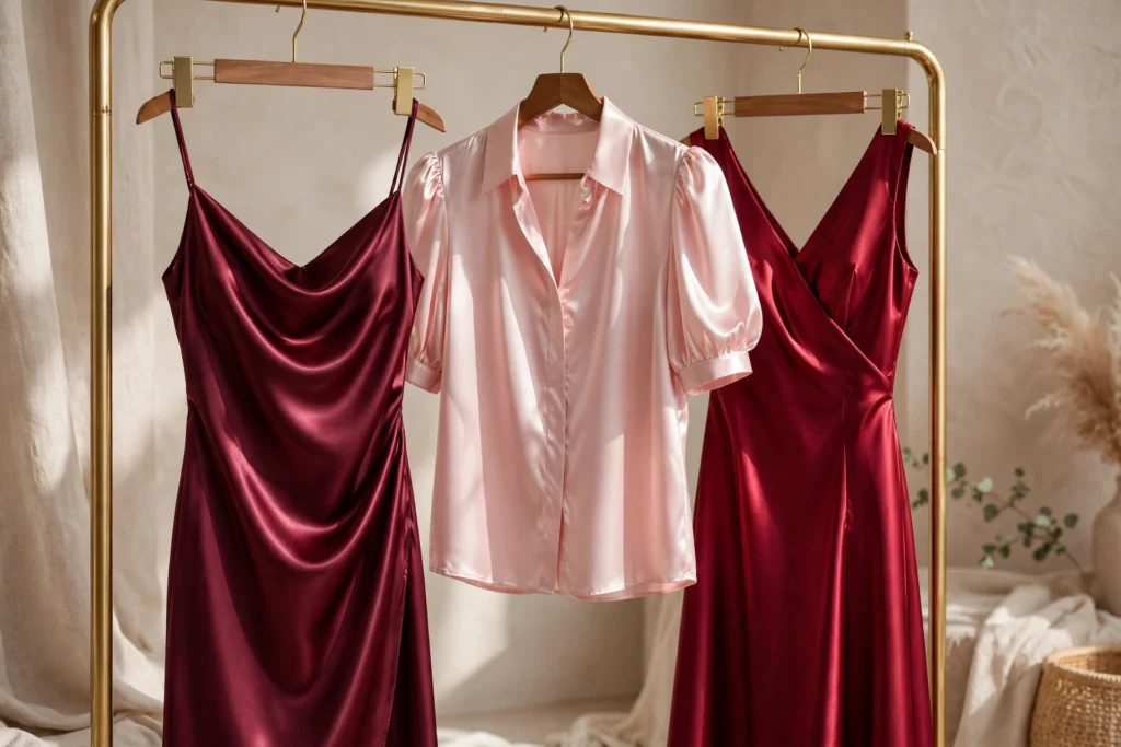 Burgundy satin dresses and blouses on a clothing rack